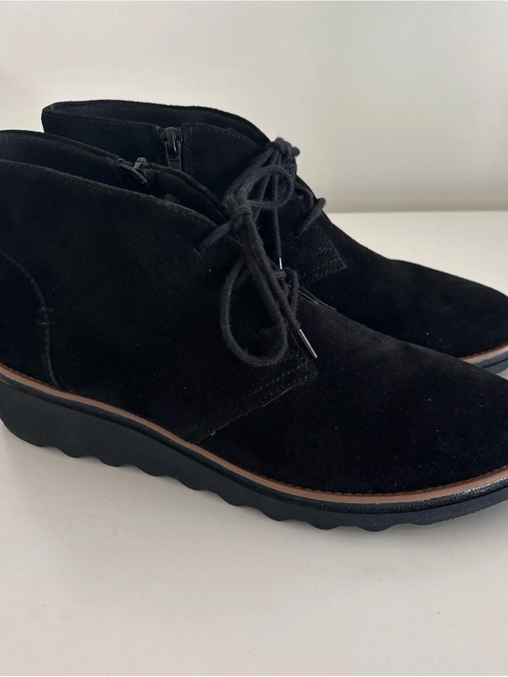 Clarks Black Suede Ankle Booties with Lace-Up Front